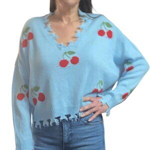 Sz.L*Self-Esteem*Blue Cropped Sweater W/ Red Cherries